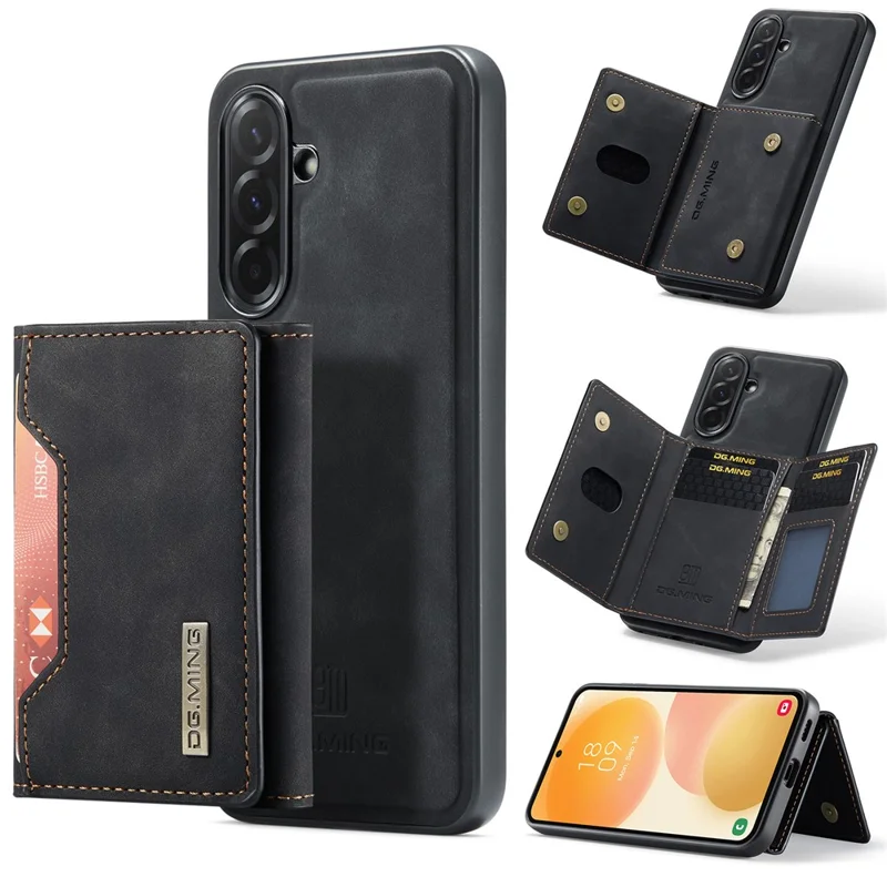 DG.MING M2 Series for Samsung Galaxy A57 5G Magnetic Case PU + PC + TPU Phone Cover Detachable Wallet Kickstand - Black
