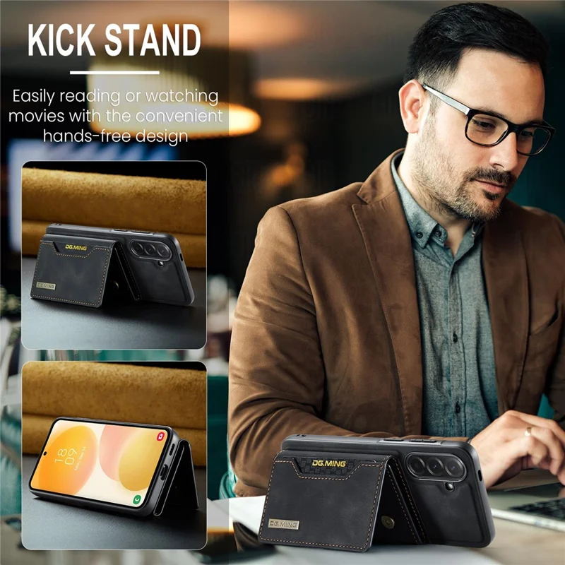 DG.MING M2 Series for Samsung Galaxy A57 5G Magnetic Case PU + PC + TPU Phone Cover Detachable Wallet Kickstand - Black