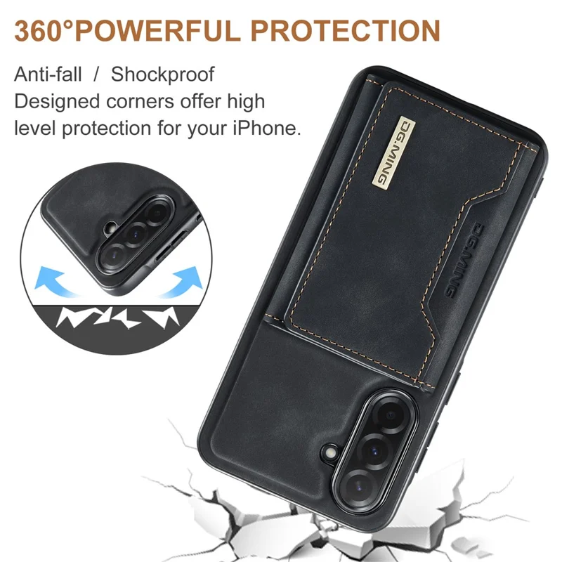 DG.MING M2 Series for Samsung Galaxy A57 5G Magnetic Case PU + PC + TPU Phone Cover Detachable Wallet Kickstand - Black