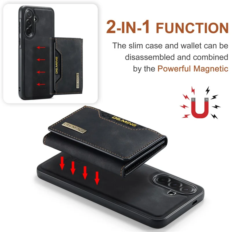 DG.MING M2 Series for Samsung Galaxy A57 5G Magnetic Case PU + PC + TPU Phone Cover Detachable Wallet Kickstand - Black