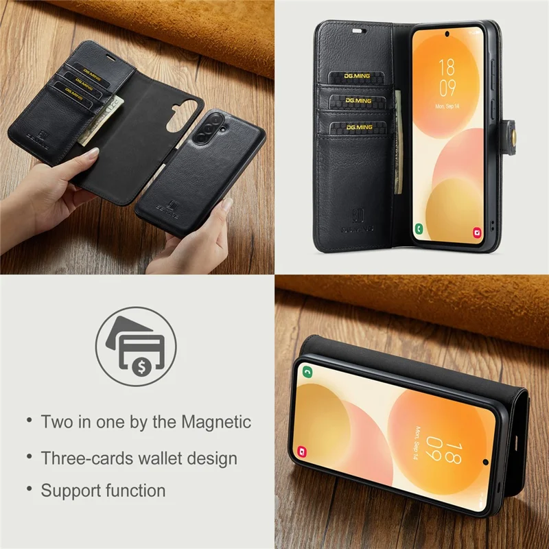 DG.MING für Samsung Galaxy A57 5G Tasche Abnehmbare Brieftasche Ständer Geteilte Ledertasche - Schwarz