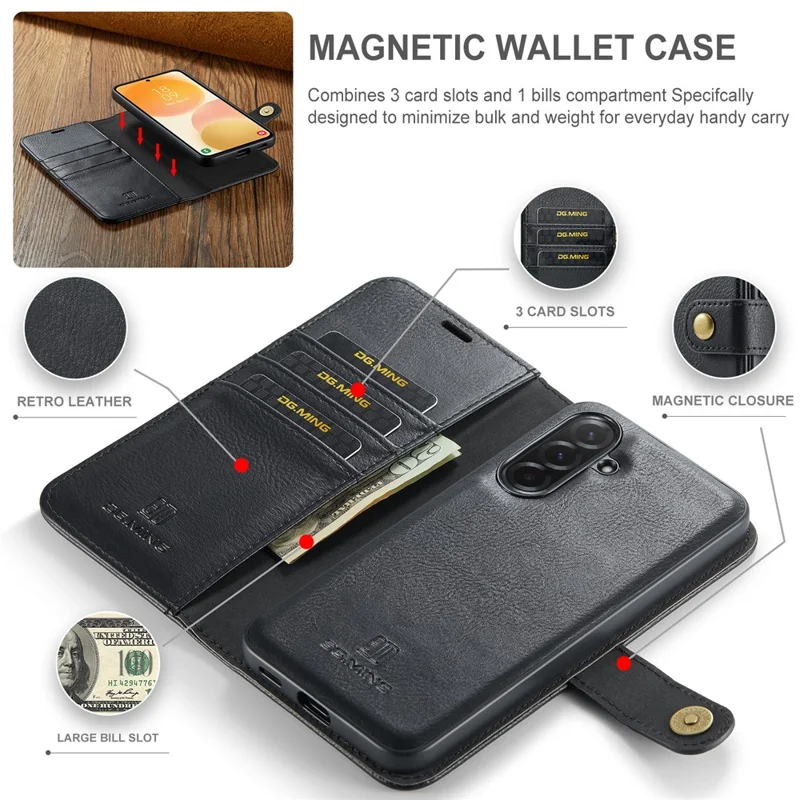 DG.MING für Samsung Galaxy A57 5G Tasche Abnehmbare Brieftasche Ständer Geteilte Ledertasche - Schwarz