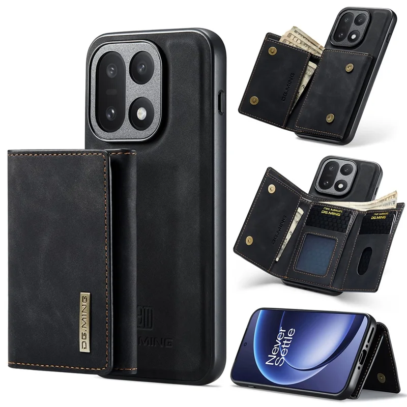 DG.MING M1 Series for OnePlus 15 5G Phone Case PU + TPU + PC Back Cover with Magnetic Tri-Fold Wallet Kickstand - Black