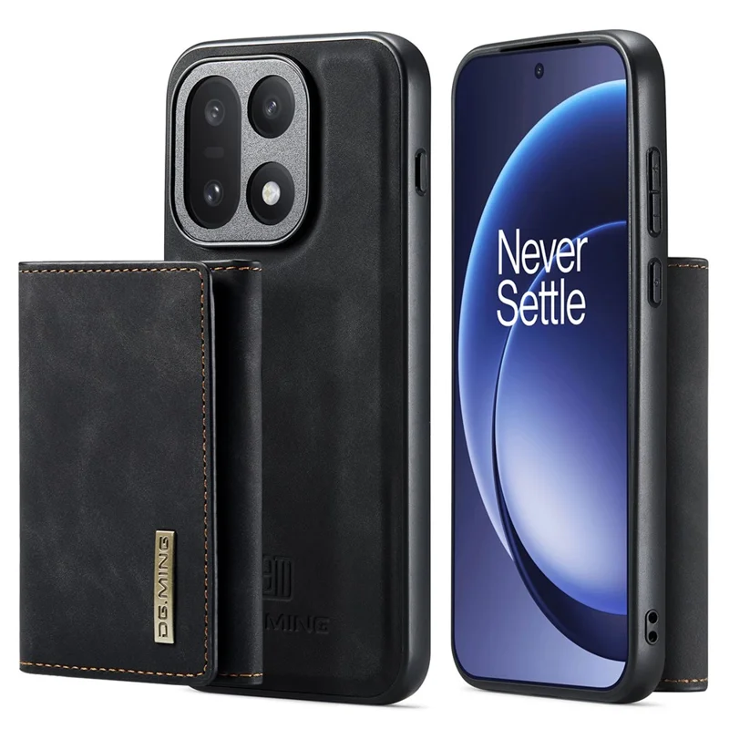 DG.MING M1 Series for OnePlus 15 5G Phone Case PU + TPU + PC Back Cover with Magnetic Tri-Fold Wallet Kickstand - Black