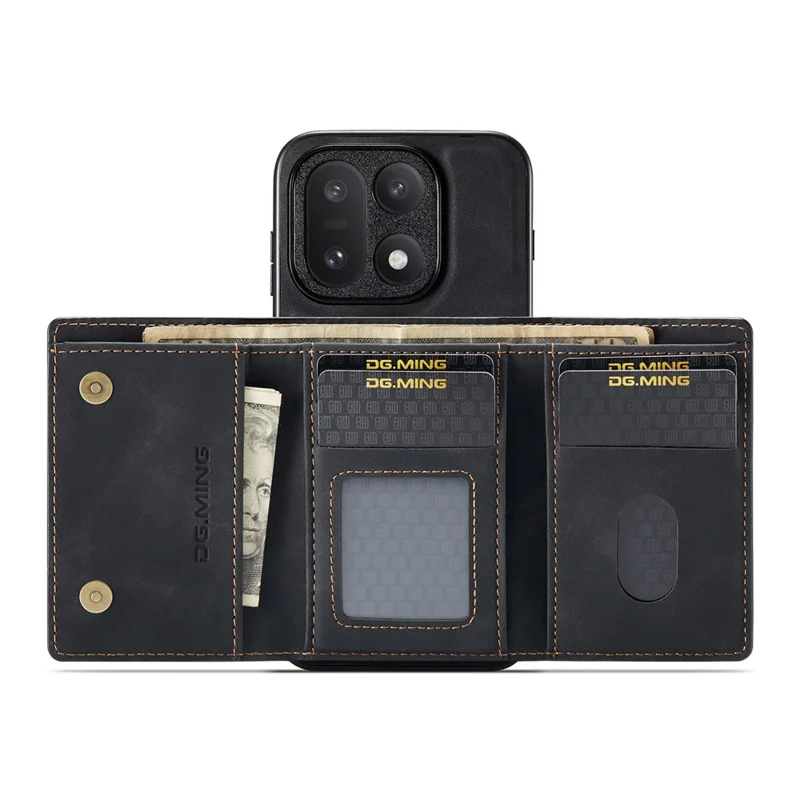 DG.MING M1 Series for OnePlus 15 5G Phone Case PU + TPU + PC Back Cover with Magnetic Tri-Fold Wallet Kickstand - Black