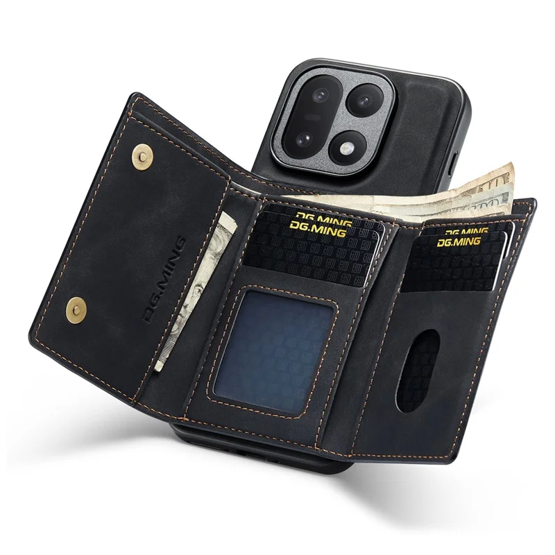 DG.MING M1 Series for OnePlus 15 5G Phone Case PU + TPU + PC Back Cover with Magnetic Tri-Fold Wallet Kickstand - Black