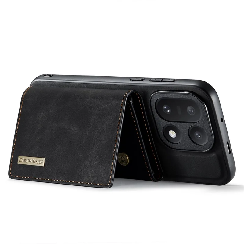 DG.MING M1 Series for OnePlus 15 5G Phone Case PU + TPU + PC Back Cover with Magnetic Tri-Fold Wallet Kickstand - Black