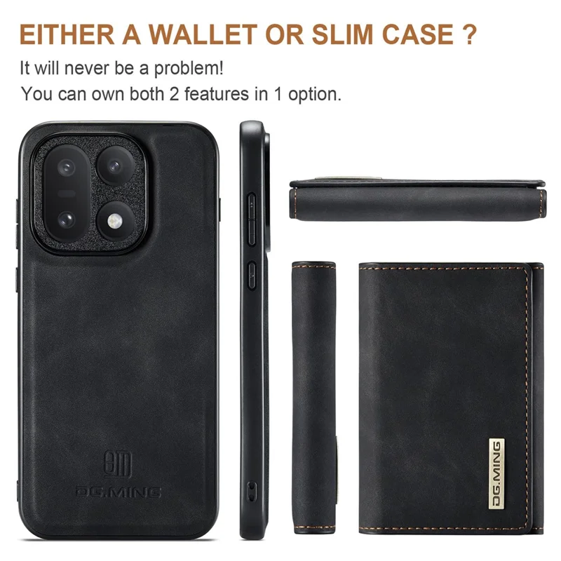 DG.MING M1 Series for OnePlus 15 5G Phone Case PU + TPU + PC Back Cover with Magnetic Tri-Fold Wallet Kickstand - Black