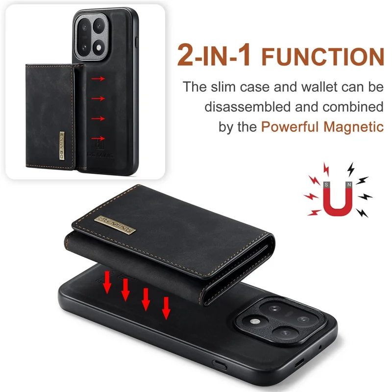 DG.MING M1 Series for OnePlus 15 5G Phone Case PU + TPU + PC Back Cover with Magnetic Tri-Fold Wallet Kickstand - Black