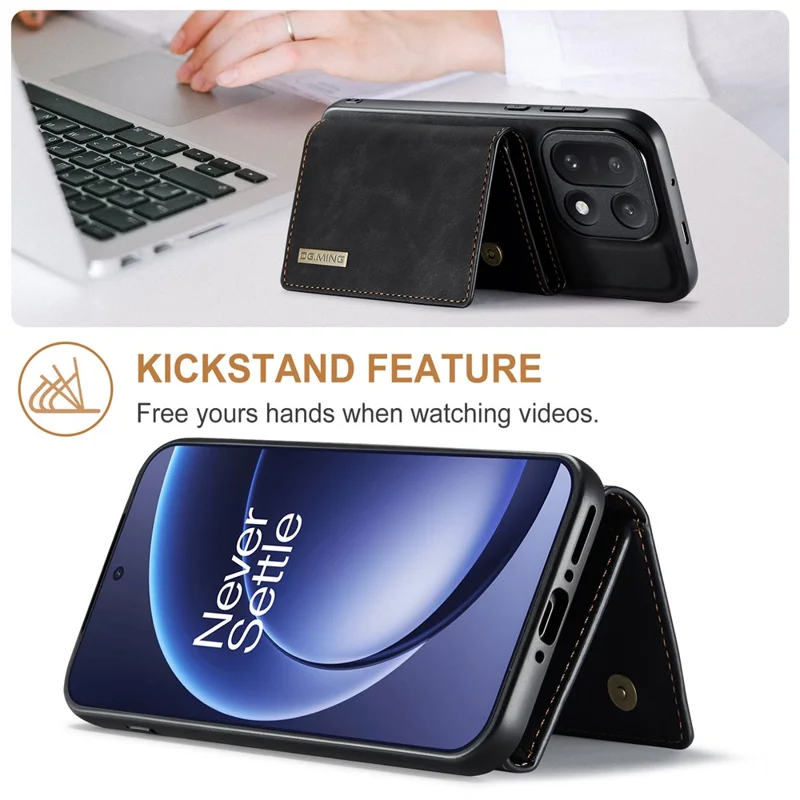 DG.MING M1 Series for OnePlus 15 5G Phone Case PU + TPU + PC Back Cover with Magnetic Tri-Fold Wallet Kickstand - Black