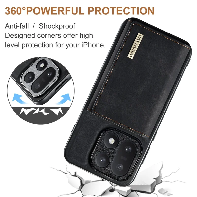 DG.MING M1 Series for OnePlus 15 5G Phone Case PU + TPU + PC Back Cover with Magnetic Tri-Fold Wallet Kickstand - Black