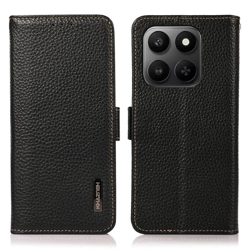 KHAZNEH Phone Case for Honor X7d 5G  /  X7d 4G  /  400 Smart 4G  /  400 Smart 5G Litchi Texture Genuine Cow Leather Cover RFID Blocking - Black