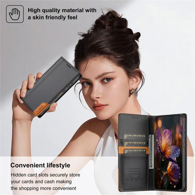 N.BEKUS P3 For Xiaomi Redmi Note 15 Pro+ 5G (Global)  /  Poco M8 Pro 5G Case RFID Blocking Wallet Stand PU Leather Flip Phone Cover - Black