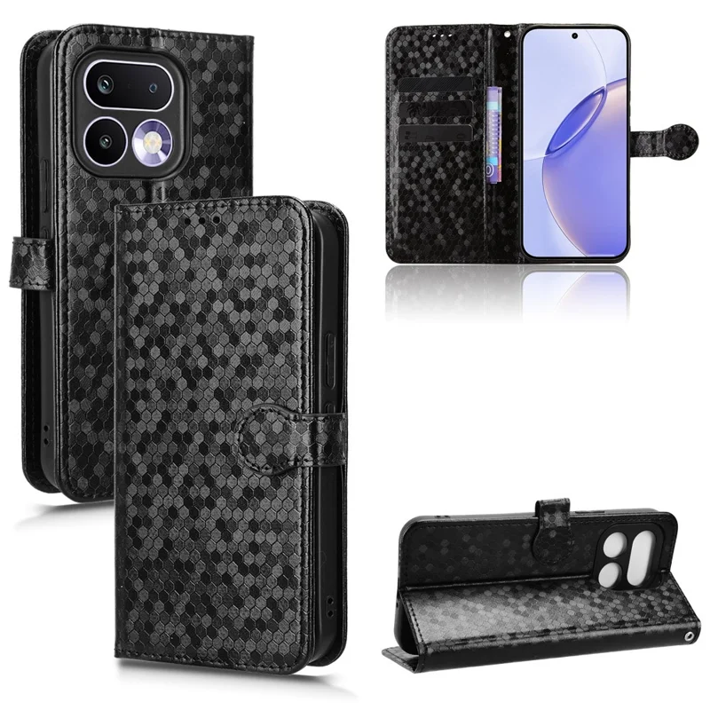 Funda cartera para Realme 16 Pro+ 5G con patrón de puntos, carcasa de cuero PU con correa de muñeca - Negro