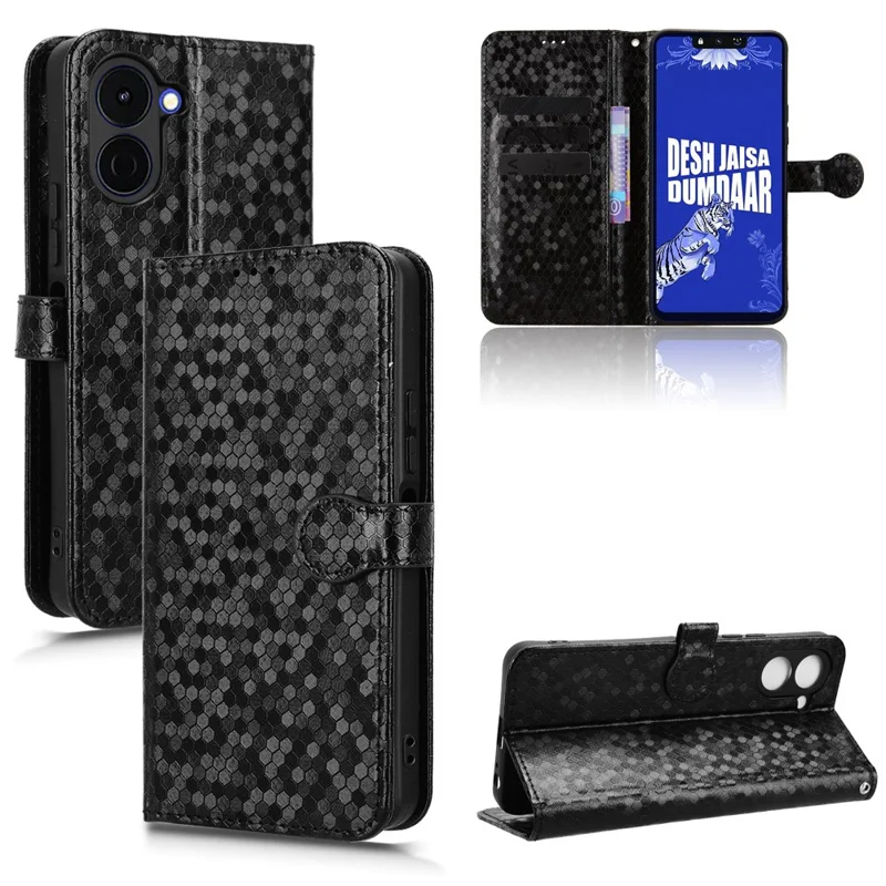 For TECNO Spark Go 3 Wallet Case Dot Pattern Imprint PU Leather Phone Cover with Wrist Strap - Black