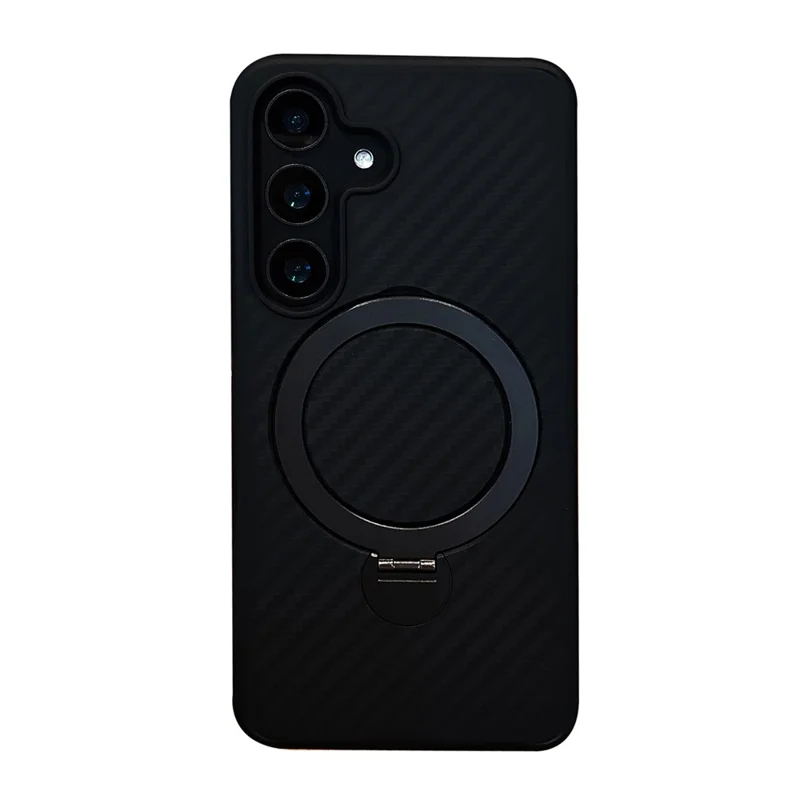 For Samsung Galaxy S26 Magnetic Case PC TPU Carbon Fiber Texture Rotating Kickstand Shockproof Phone Cover - Black