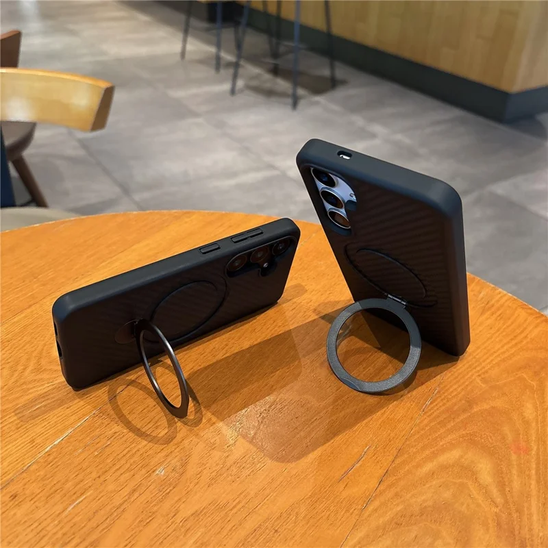 For Samsung Galaxy S26+ Magnetic Case PC TPU Carbon Fiber Texture Rotating Kickstand Shockproof Phone Cover - Black