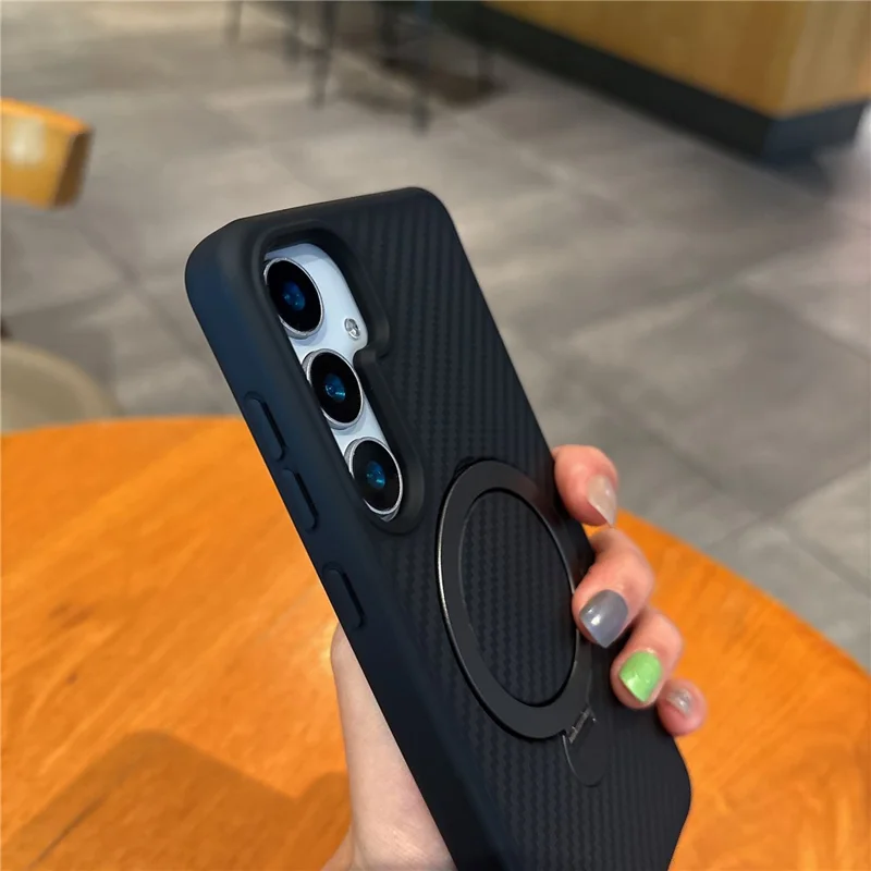 For Samsung Galaxy S26+ Magnetic Case PC TPU Carbon Fiber Texture Rotating Kickstand Shockproof Phone Cover - Black