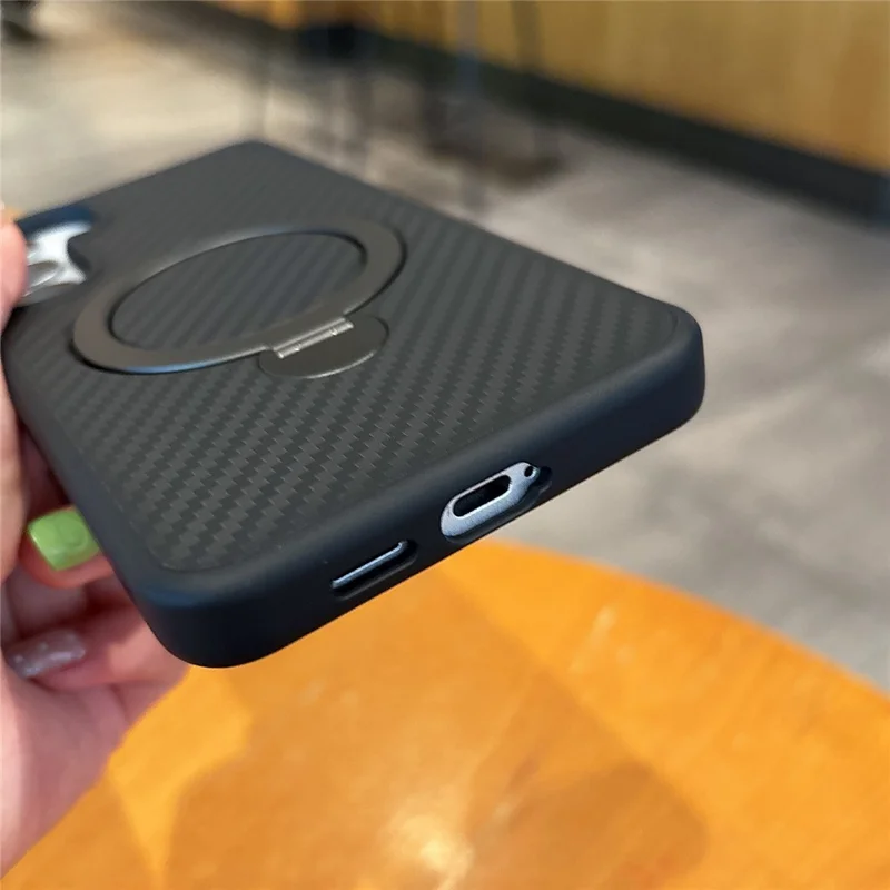 For Samsung Galaxy S25 Magnetic Case PC TPU Carbon Fiber Texture Rotating Kickstand Shockproof Phone Cover - Black