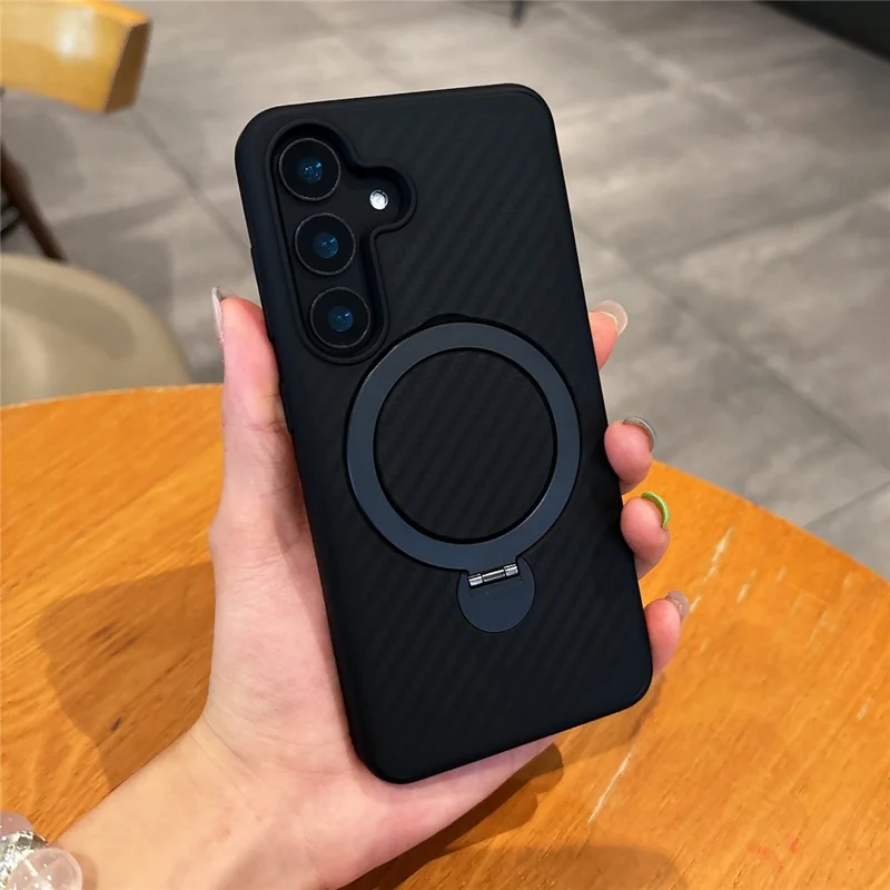 For Samsung Galaxy S25 Magnetic Case PC TPU Carbon Fiber Texture Rotating Kickstand Shockproof Phone Cover - Black