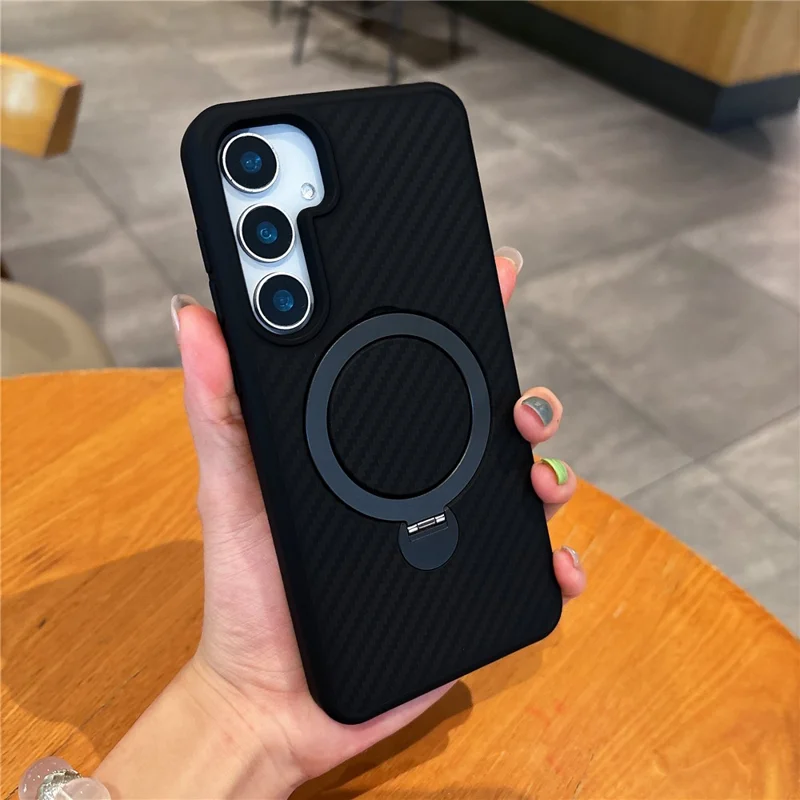 For Samsung Galaxy S25+ Magnetic Case PC TPU Carbon Fiber Texture Rotating Kickstand Shockproof Phone Cover - Black
