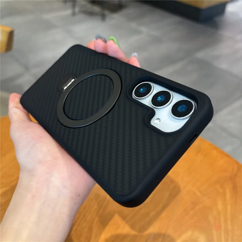 For Samsung Galaxy S25+ Magnetic Case PC TPU Carbon Fiber Texture Rotating Kickstand Shockproof Phone Cover - Black