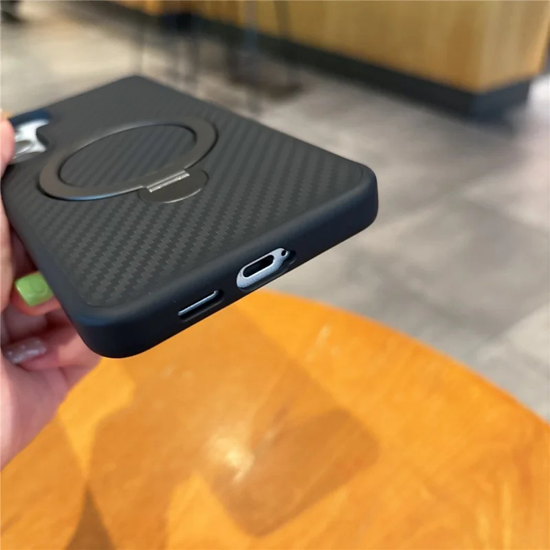 For Samsung Galaxy S25+ Magnetic Case PC TPU Carbon Fiber Texture Rotating Kickstand Shockproof Phone Cover - Black