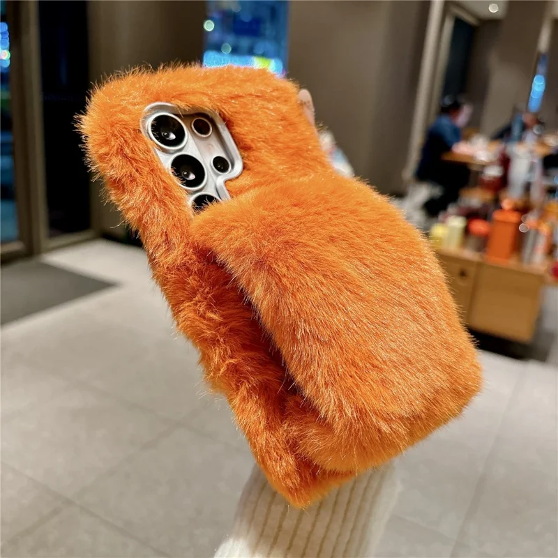 For Samsung Galaxy S26 Ultra Fluffy Phone Case Winter Warm TPU Cover with Hand Strap - Orange