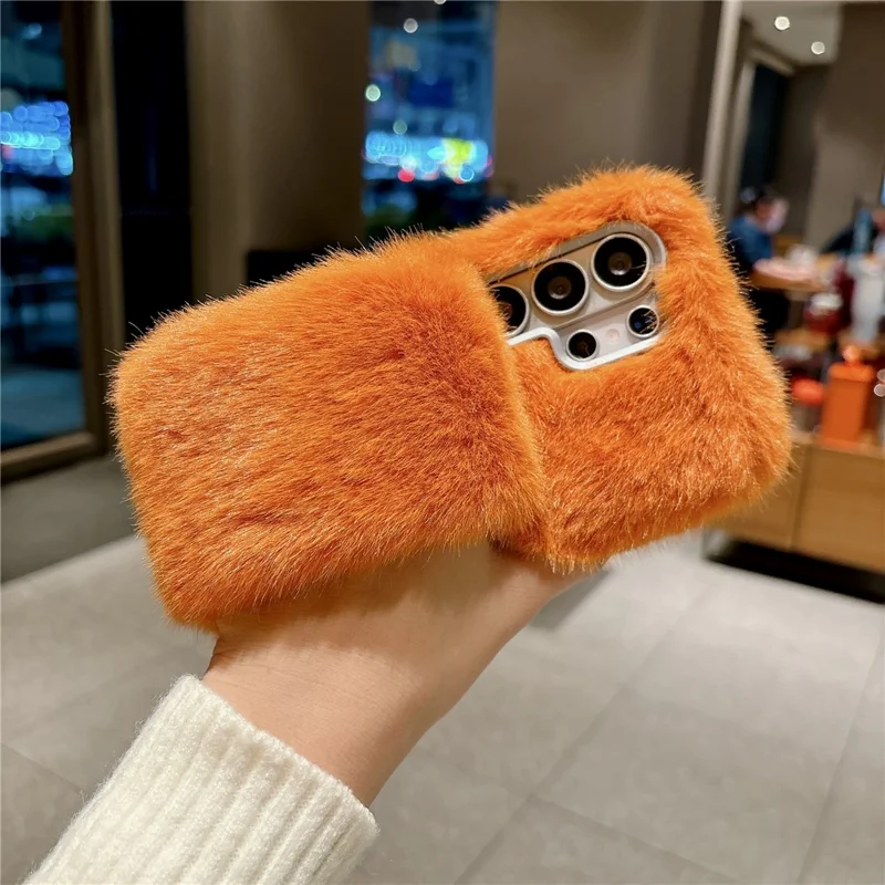 For Samsung Galaxy S26 Ultra Fluffy Phone Case Winter Warm TPU Cover with Hand Strap - Orange