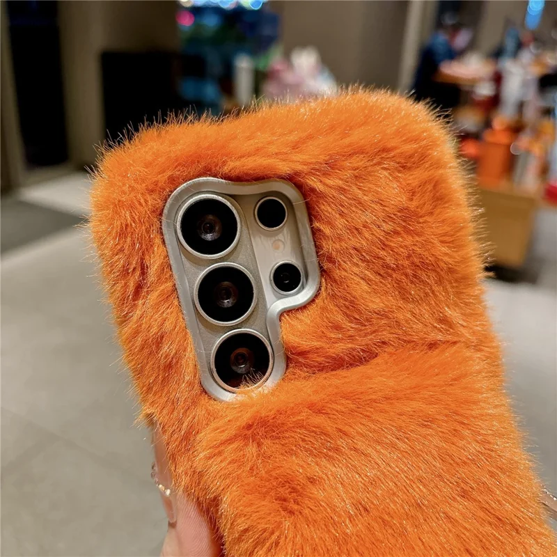 For Samsung Galaxy S26 Ultra Fluffy Phone Case Winter Warm TPU Cover with Hand Strap - Orange