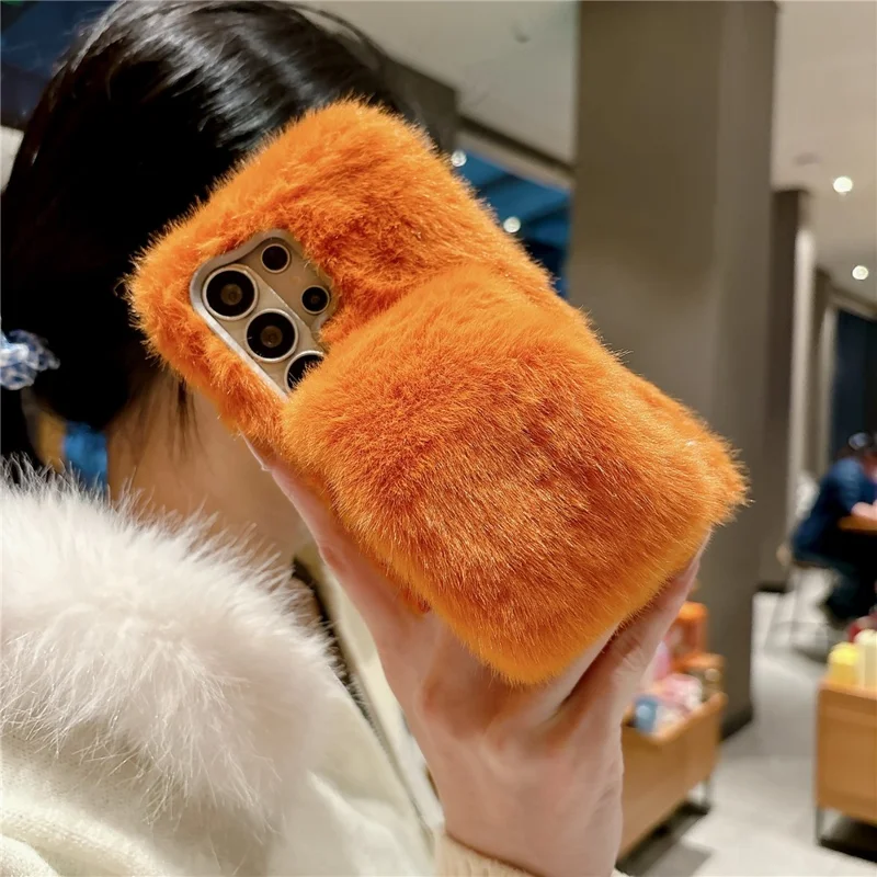 For Samsung Galaxy S26 Ultra Fluffy Phone Case Winter Warm TPU Cover with Hand Strap - Orange