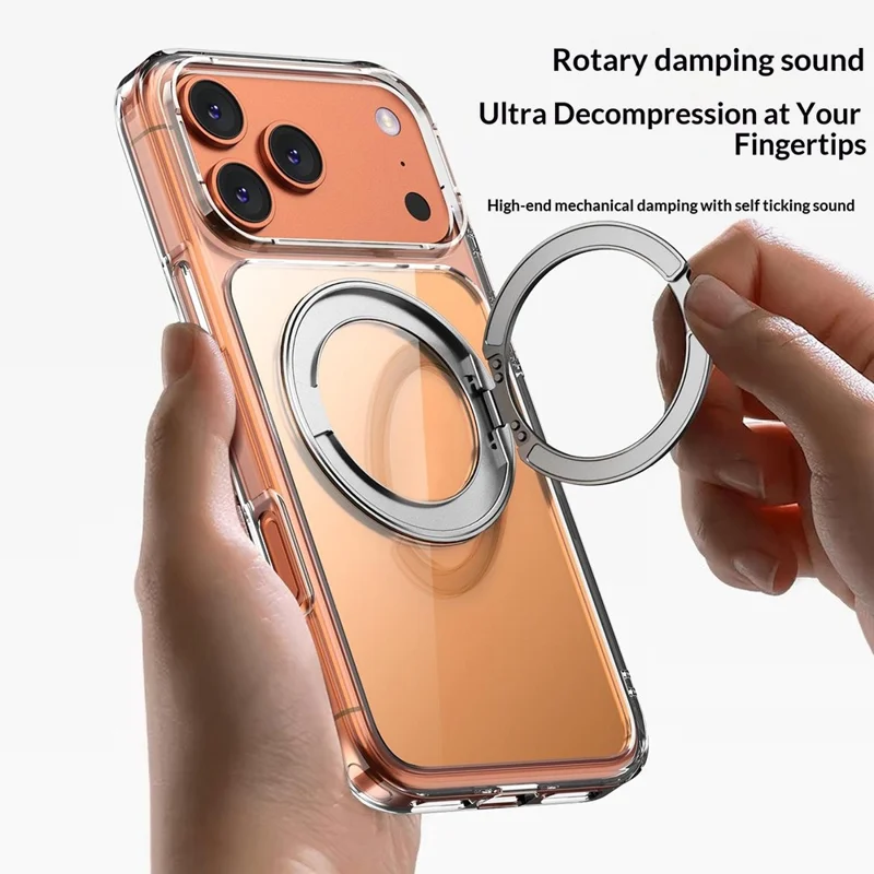 Bulk Purchasing For iPhone 17 Pro Magnetic Phone Case PC TPU Back Cover with 360 Rotating Ring Holder - Transparent