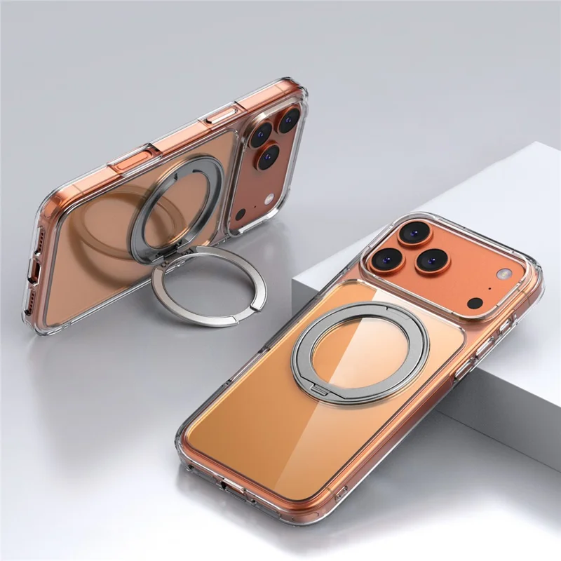 Bulk Purchasing For iPhone 17 Pro Max Magnetic Phone Case PC TPU Back Cover with 360 Rotating Ring Holder - Transparent