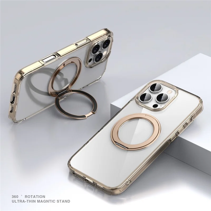Bulk Purchasing For iPhone 16 Pro Max Clear Case PC TPU Magnetic Protective Phone Cover with Rotating Kickstand Compatible with MagSafe - Transparent Gold
