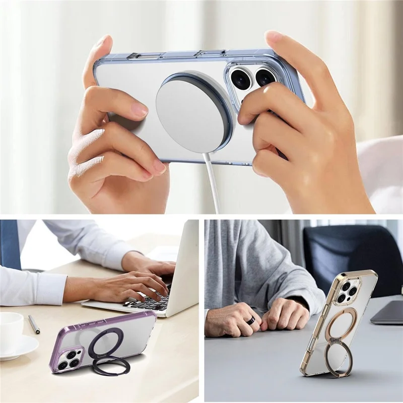 Bulk Purchasing For iPhone 16 Pro Clear Case PC TPU Magnetic Protective Phone Cover with Rotating Kickstand Compatible with MagSafe - Transparent Gold