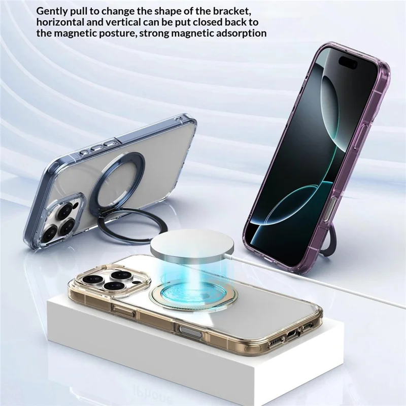 Bulk Purchasing For iPhone 16 Pro Clear Case PC TPU Magnetic Protective Phone Cover with Rotating Kickstand Compatible with MagSafe - Transparent Gold