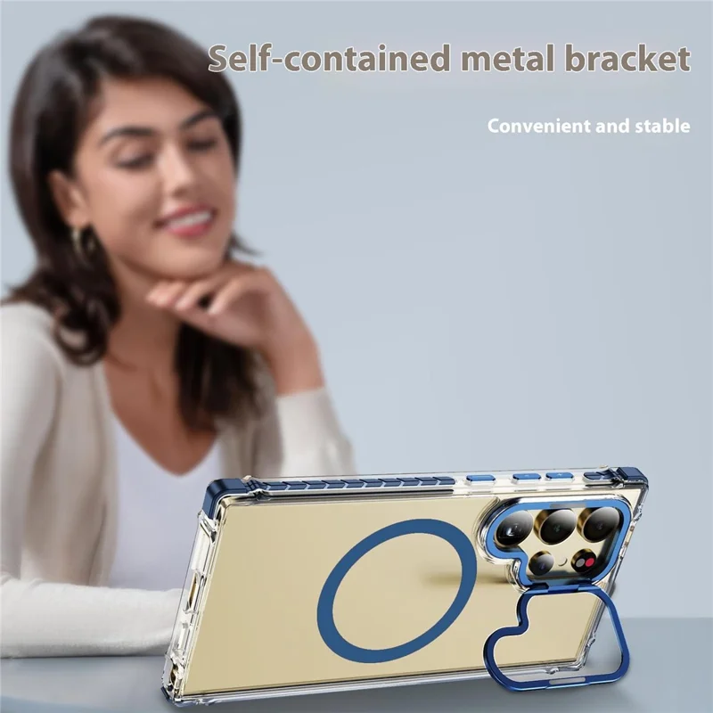 For Samsung Galaxy S26 Ultra Clear Phone Case with Lens Kickstand Cover Magnetic Case - Blue