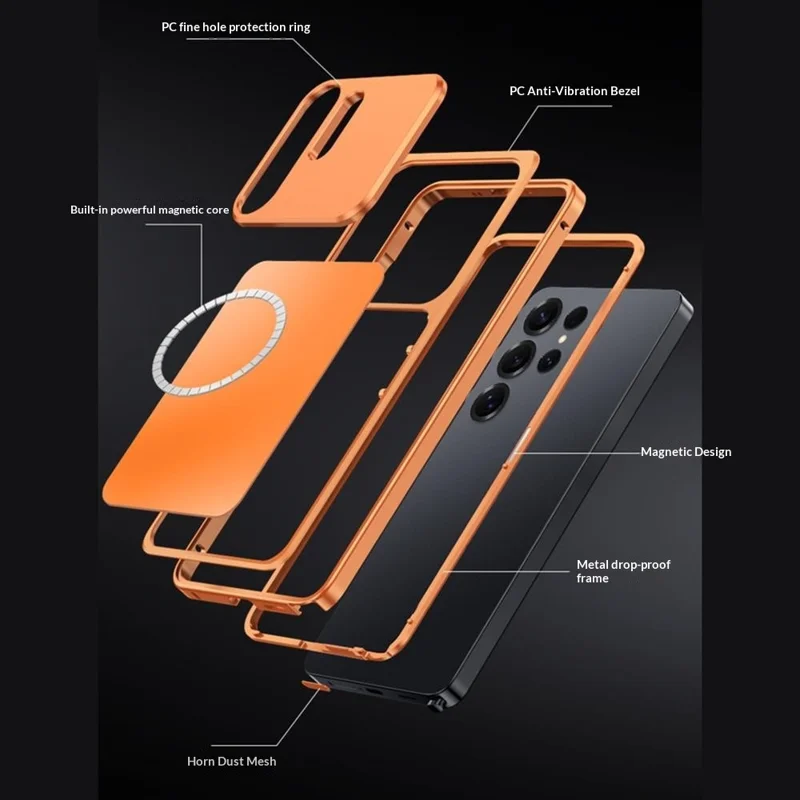 For Samsung Galaxy S25 Ultra Magnetic Case Metal Frame PC Back Phone Cover with Pop-Up Buckle - Orange