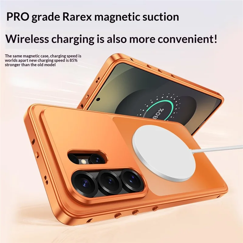 For Samsung Galaxy S25 Ultra Magnetic Case Metal Frame PC Back Phone Cover with Pop-Up Buckle - Orange