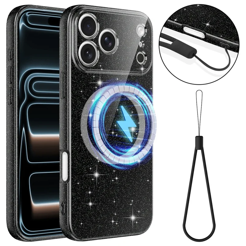 For iPhone 17 Pro Magnetic Case Glitter TPU Shockproof Phone Cover with Lanyard Compatible with MagSafe - Black