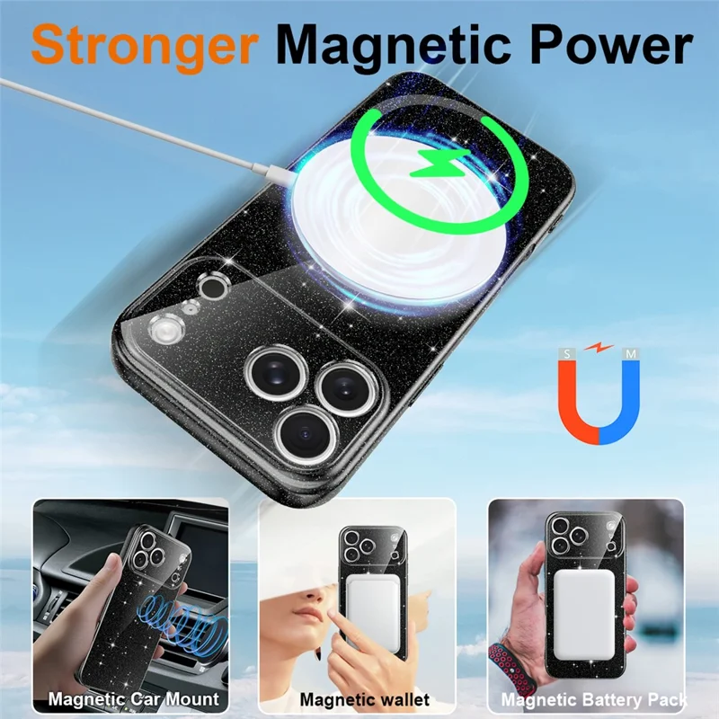For iPhone 17 Pro Magnetic Case Glitter TPU Shockproof Phone Cover with Lanyard Compatible with MagSafe - Black