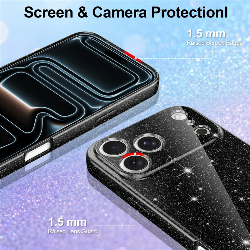 For iPhone 17 Pro Magnetic Case Glitter TPU Shockproof Phone Cover with Lanyard Compatible with MagSafe - Black