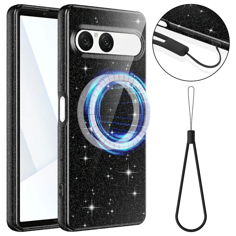 For Sony Xperia 10 VII Magnetic Case Glitter TPU Shockproof Phone Cover with Lanyard Compatible with MagSafe - Black