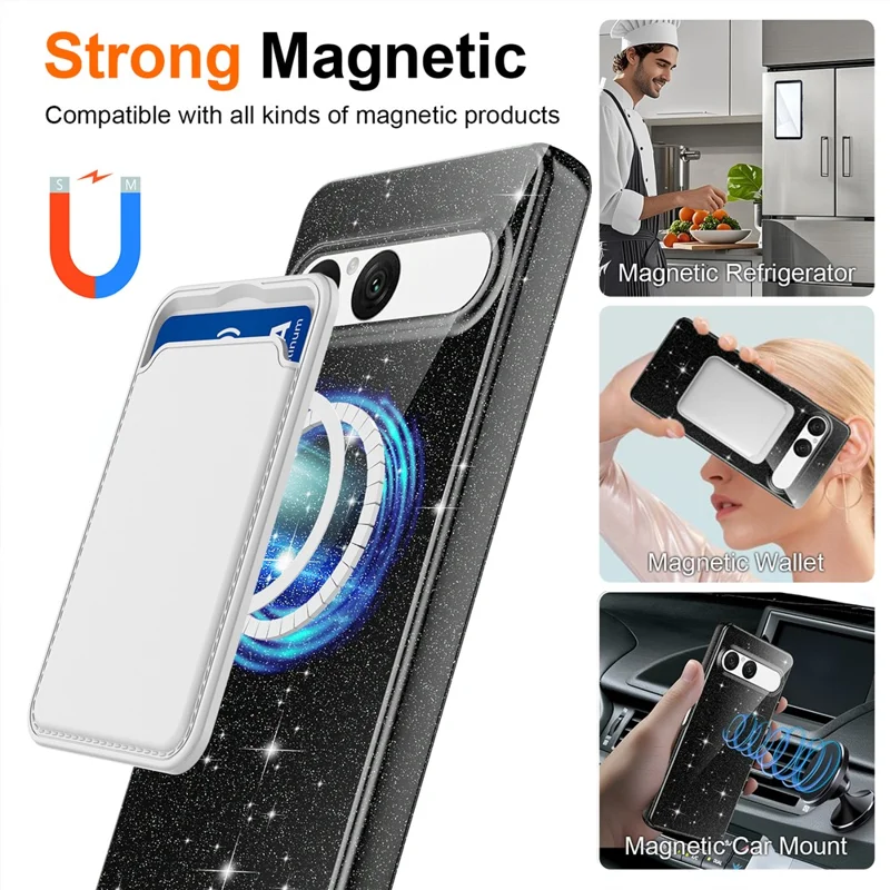 For Sony Xperia 10 VII Magnetic Case Glitter TPU Shockproof Phone Cover with Lanyard Compatible with MagSafe - Black