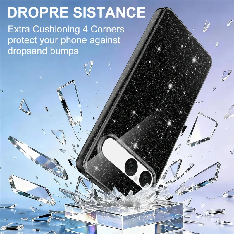 For Sony Xperia 10 VII Magnetic Case Glitter TPU Shockproof Phone Cover with Lanyard Compatible with MagSafe - Black