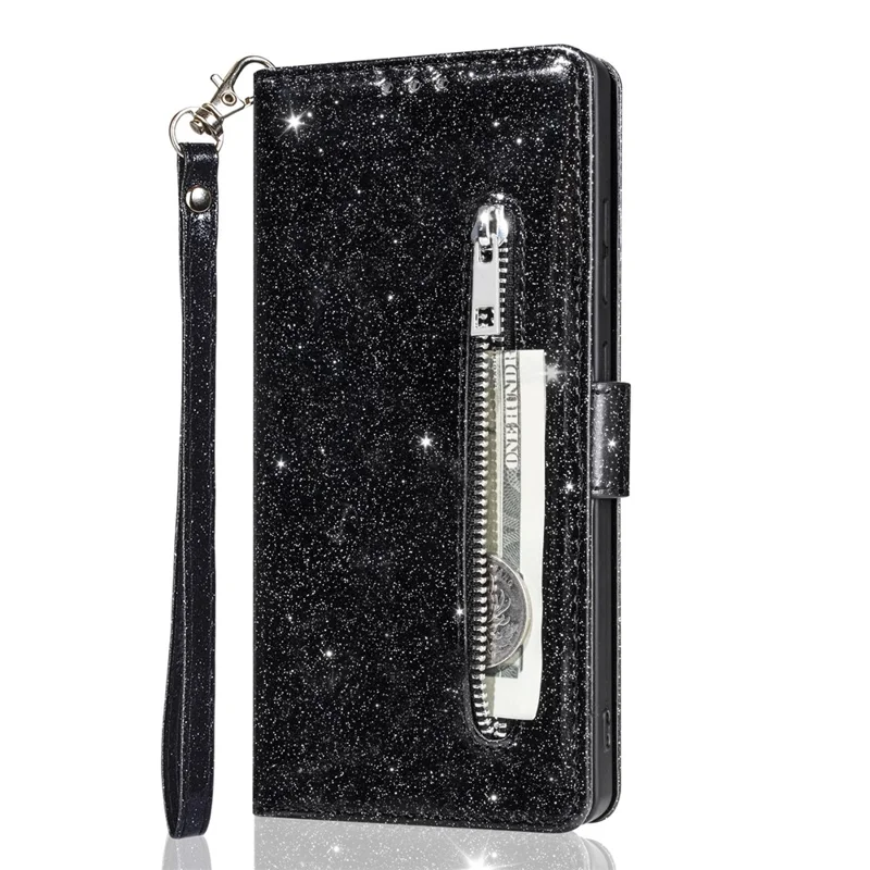 For Xiaomi Redmi Note 15 Pro 5G (Global) Stand Case Glitter Phone Leather Cover Zipper Pocket - Black