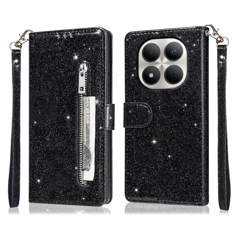 For Xiaomi Redmi Note 15 Pro+ 5G (Global)  /  Poco M8 Pro 5G Stand Case Glitter Phone Leather Cover Zipper Pocket - Black