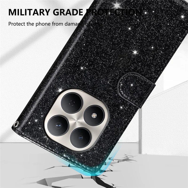 For Xiaomi Redmi Note 15 Pro+ 5G (Global)  /  Poco M8 Pro 5G Stand Case Glitter Phone Leather Cover Zipper Pocket - Black