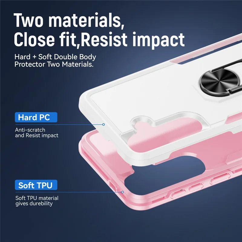For Samsung Galaxy S26 Case Military Grade Ring Kickstand PC + TPU Phone Cover - White + Pink