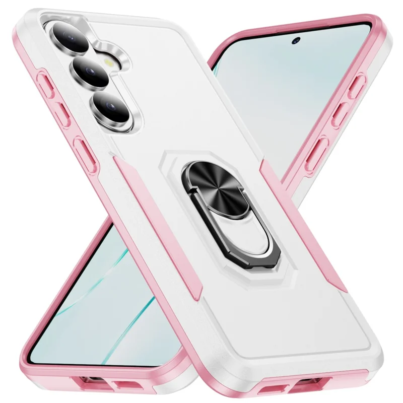 For Samsung Galaxy S26 Case Military Grade Ring Kickstand PC + TPU Phone Cover - White + Pink